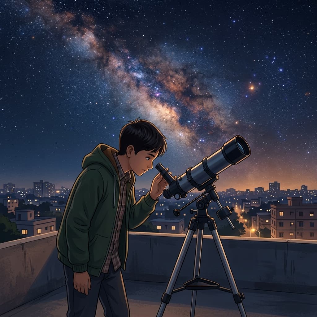 Student exploring the universe through a telescope
